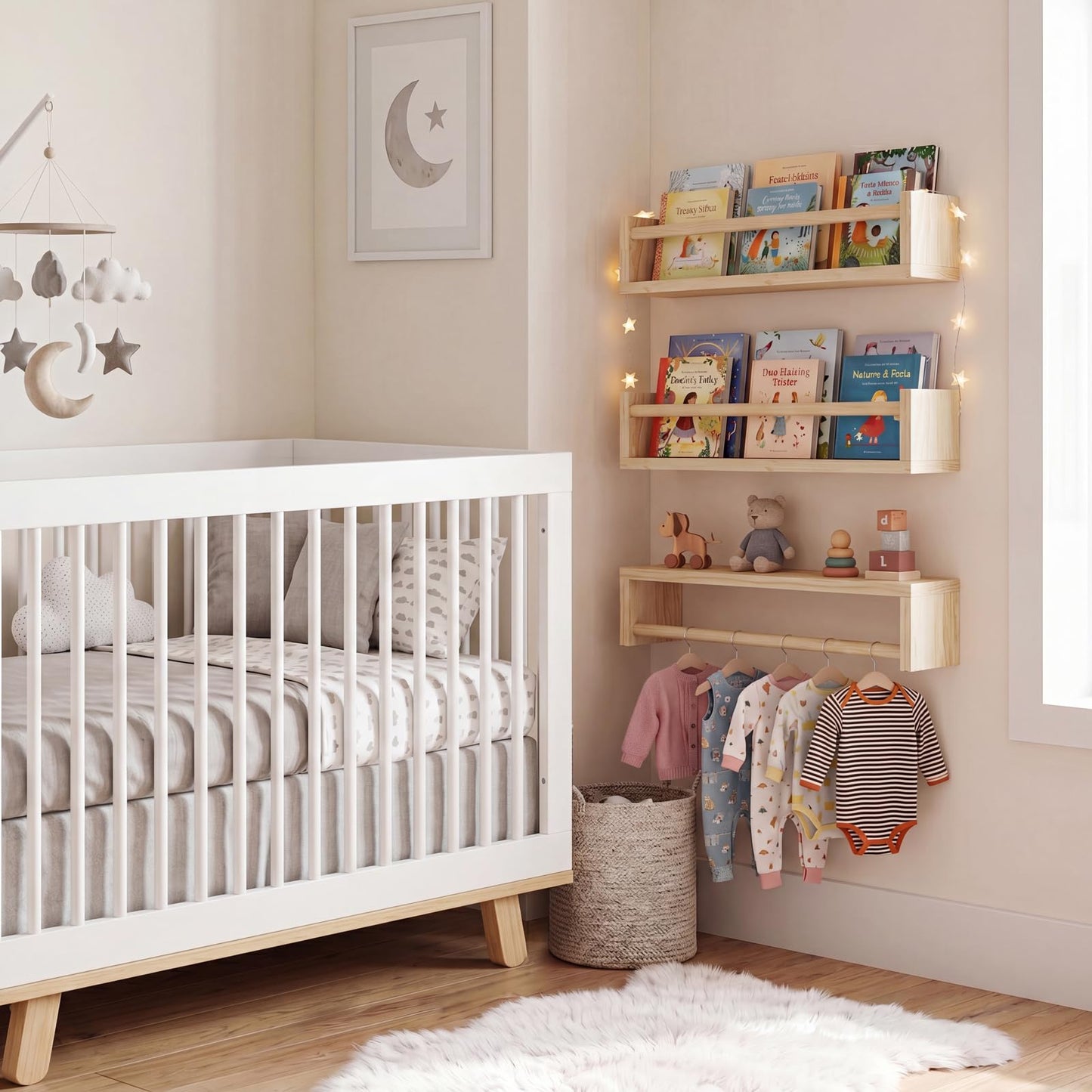 Fixwal Nursery Shelves, 16.5 Inch Floating Bookshelves for Wall Set of 3, Baby Nursery Decor, Solid Wood Wall Mounted Shelves for Books (Natural Wood)