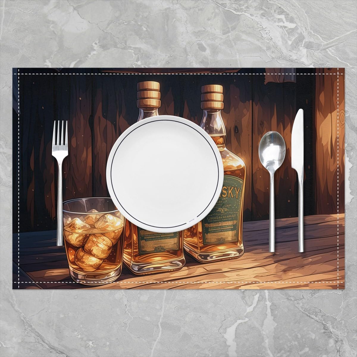 Whiskey 12x18 Inch Placemats for Dining Table,Beer Glass Bar Waterproof Table Place Mat for Party Decoration,Retro Wooden Board Washable Table Mats Set of 4
