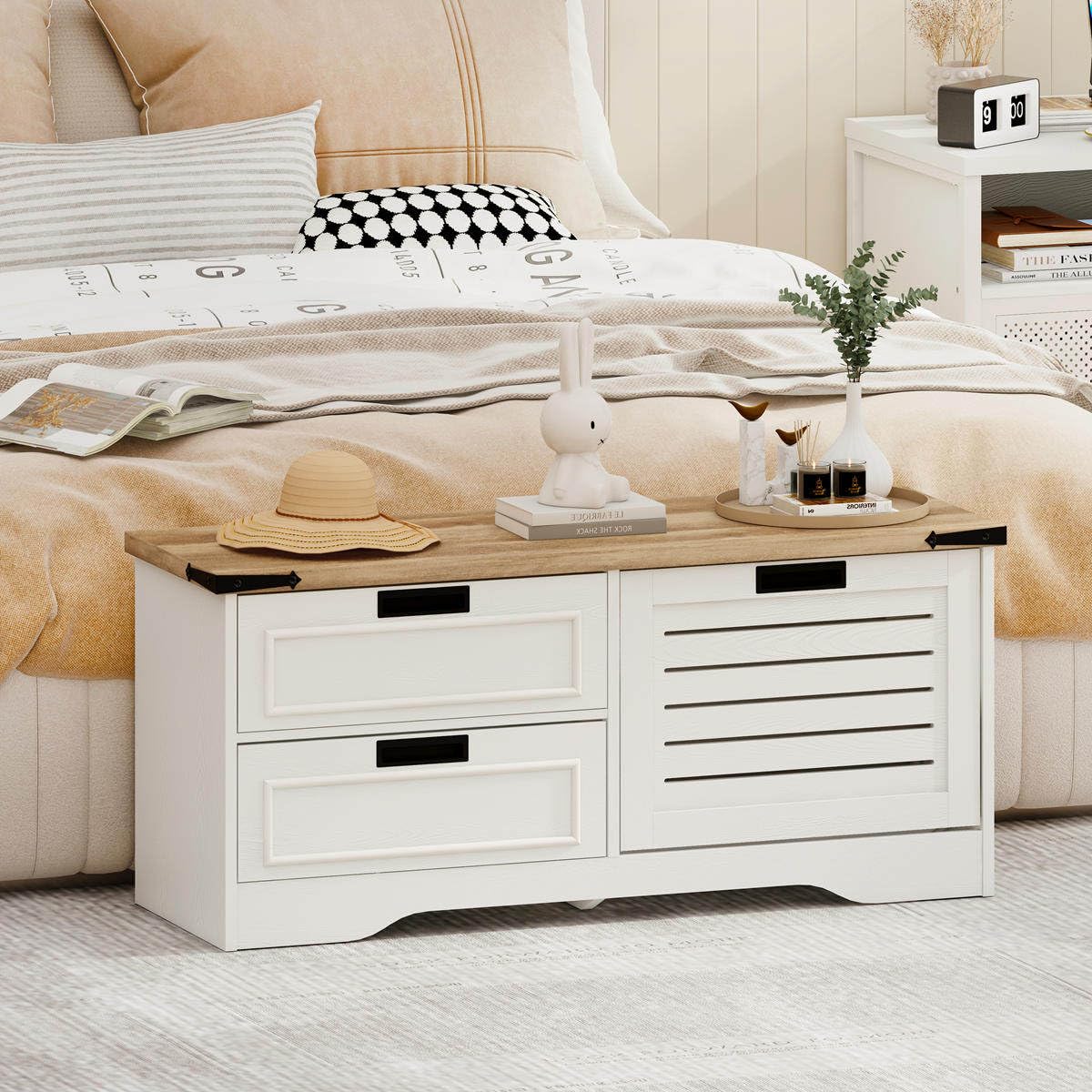FATORRI Shoe Storage Bench, Entryway Bench with Flip Drawer, Wooden Entry Way Shoe Cabinet for Living Room Hallway (Rustic Oak+White Oak)