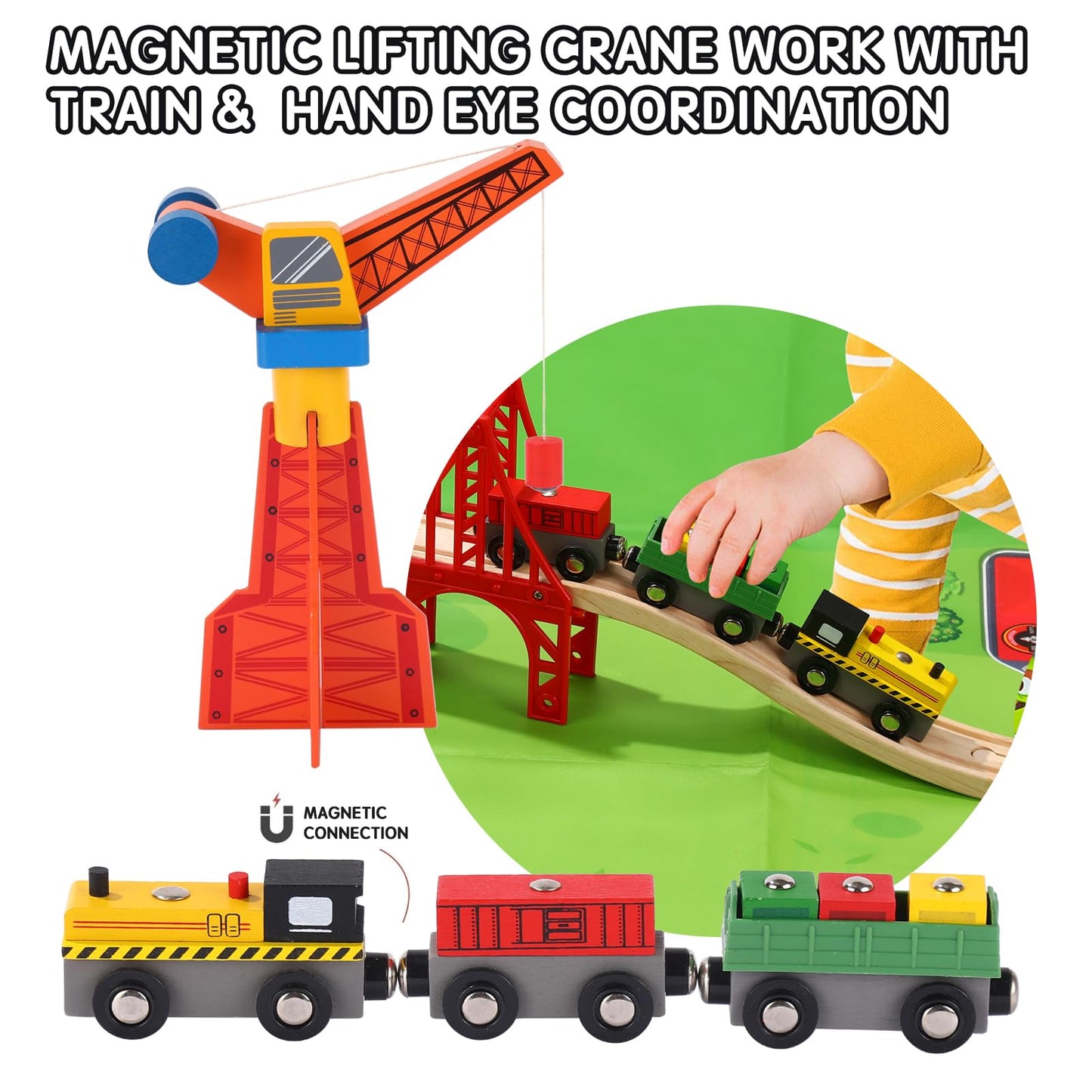 KiToyWod Wooden Train Track Set 62pcs, Wood Railway Systems Accessories Expansion Pack with Train + Crane, for 3-10 Years Toddlers Birthday Gift, Christmas Toys, Compatible with Major Brands (62 PCS)