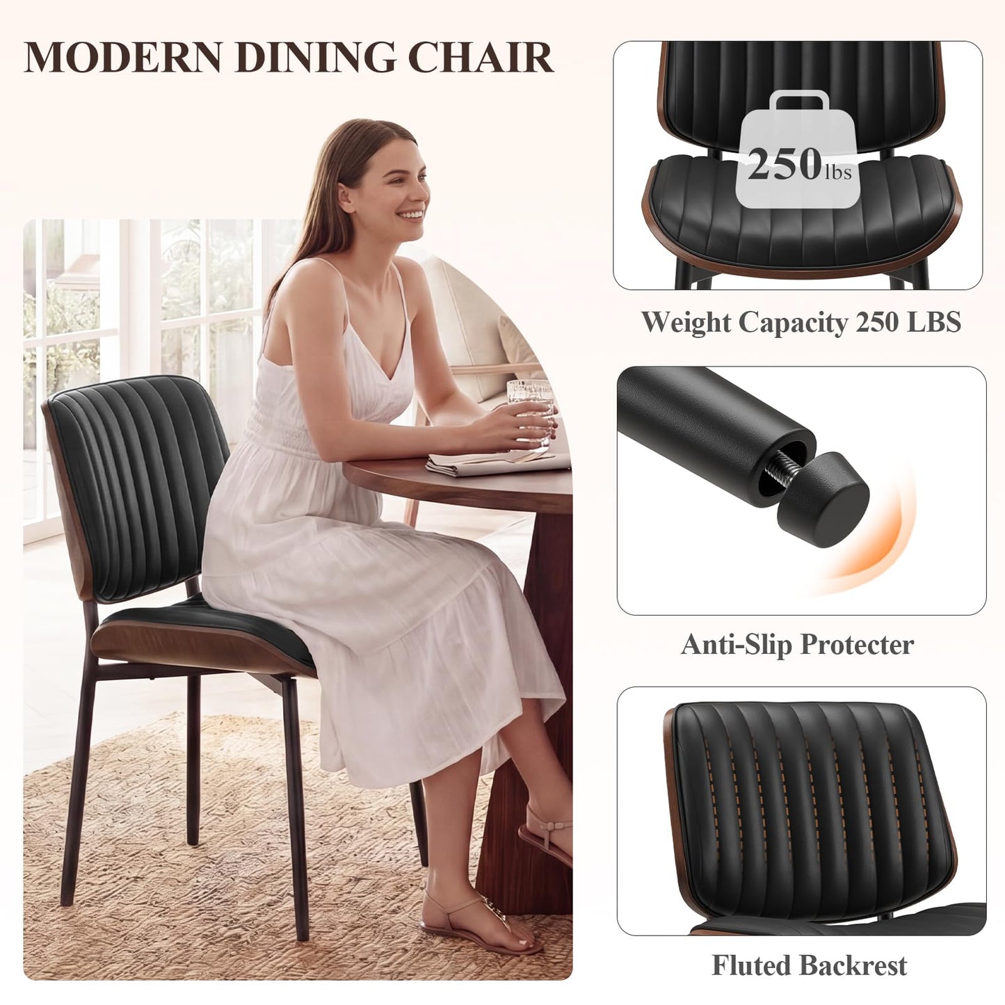 MALOL Leather Dining Chairs Set of 6, Modern Upholstered Dining Room Kitchen Chairs with Metal Legs and Wooden Back Support for Home Dining Room/Restaurant, Black