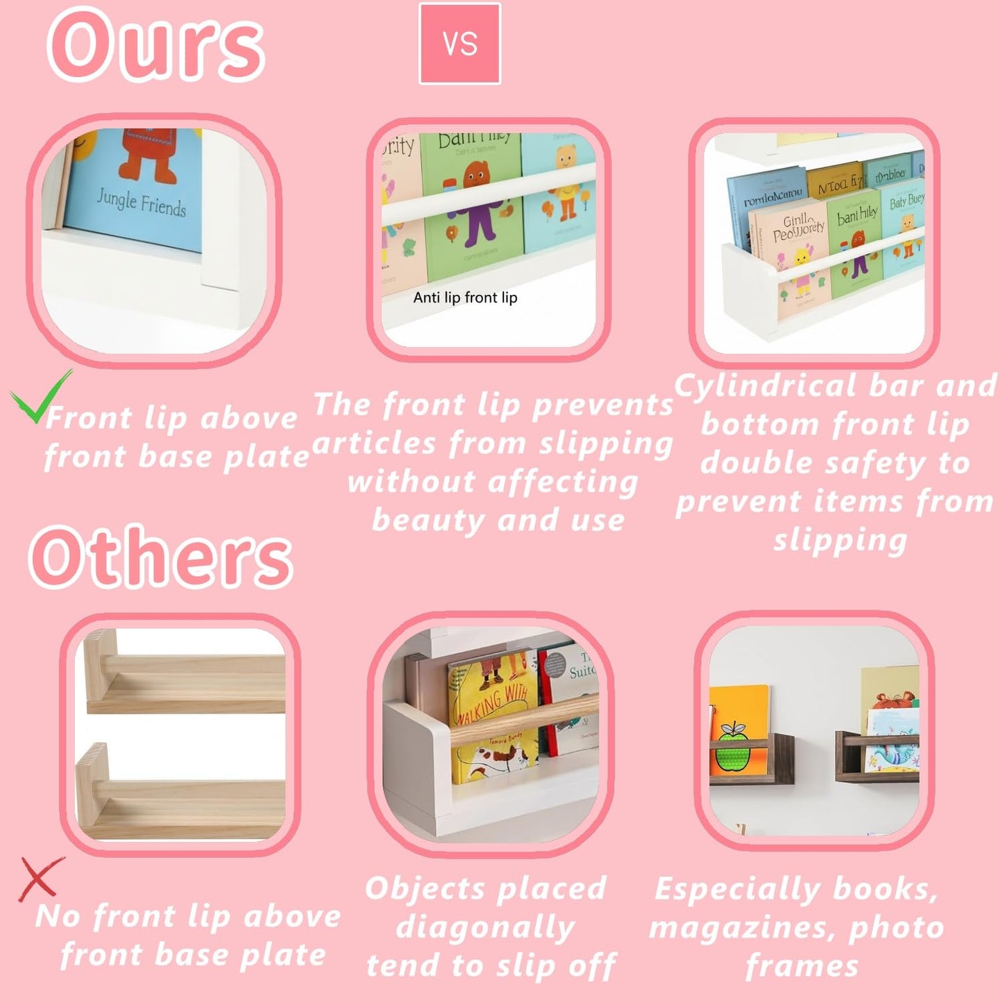 Esonal White Nursery Floating Shelves Set of 3– Wall Mounted Kids Bookshelf & Toy Organizer – 16 Inch Rustic Pine Hanging Display Book Shelves for Bedroom, Playroom, and Baby Decor