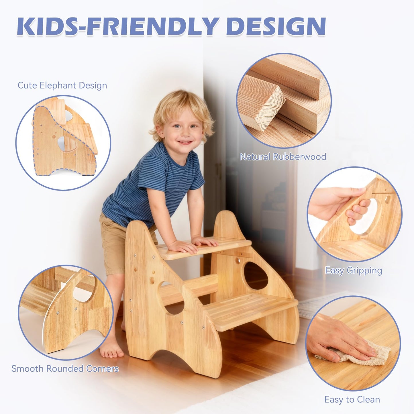 Toddler Step Stool, Adjustable Height 2 Step Stool for Kids with Handles & Non-Slip Pads, Rubberwood Kids Step Stool for Bathroom Sink, Kitchen & Bedroom, Supports Up to 200 lbs, for Adults & Kids