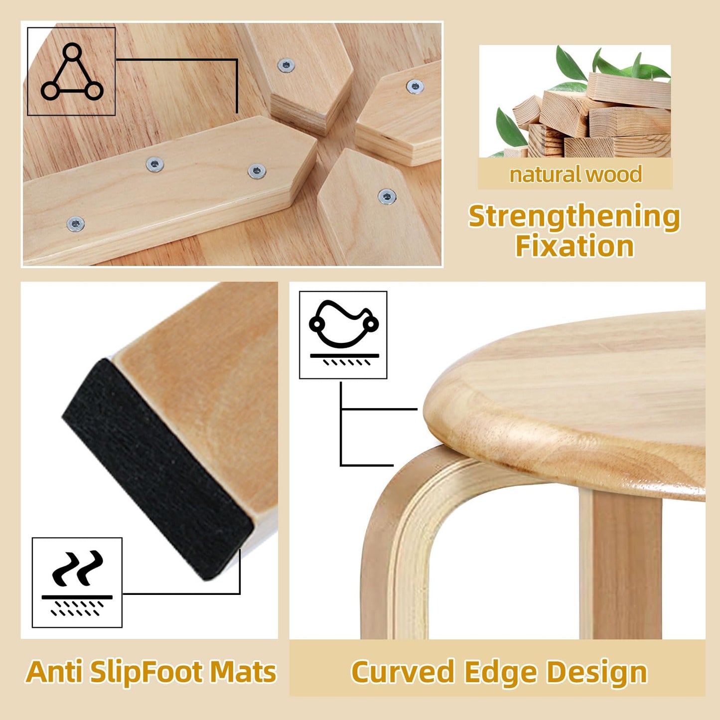 Yawinhe Wooden Stackable Stool, Portable Barstools with Round Top, Anti Slip Felt Pad, for Dinning, Living Room, Class Room, 11.8''Lx11.8''Wx16.5''H, Natural, 2-Pack