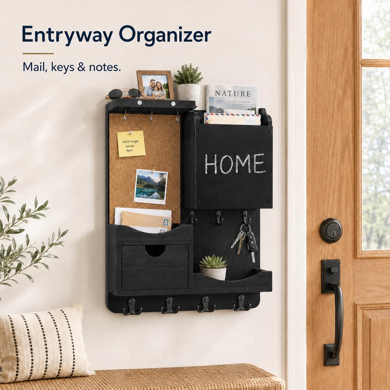 HEKOOLA Key Holder Wall Mount, Mail Organizer Key Holder for Wall with Shelf, Drawer, Chalkboard, Corkboard, Home Decor Mounted for Room Entryway (Black)