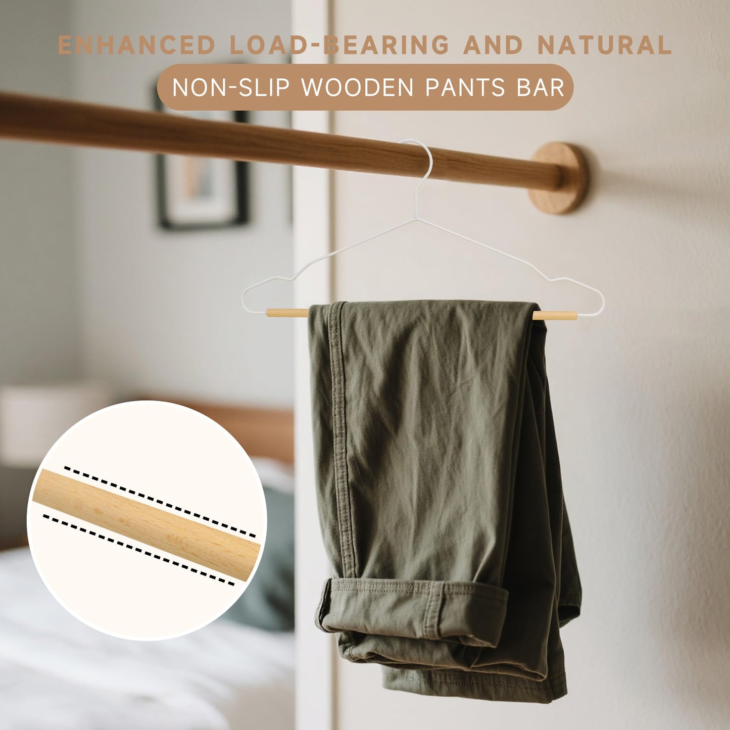 BP4U Wire Hangers with Wood Pants Bar, 24-Pack Metal Hangers with Smooth Beech Wooden Bar for Dresses, Pants, Sweaters, Jackets, and Heavy Clothes (White)