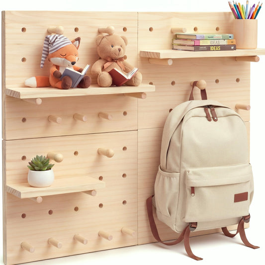 Gerrii 4 Pack Wood Pegboard Wall Organizer for Classroom 11.81 x 15.75 Inches Wooden Peg Board with Racks Hooks Modular Pegboard Organizer System for Teacher Supplies Student Work Display Office Craft