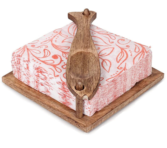 eTroves Wooden Napkin Holder Flat Tray Weighted Fish Shape Bar on Top With Toothpick Holder, 8 Inch, Brown