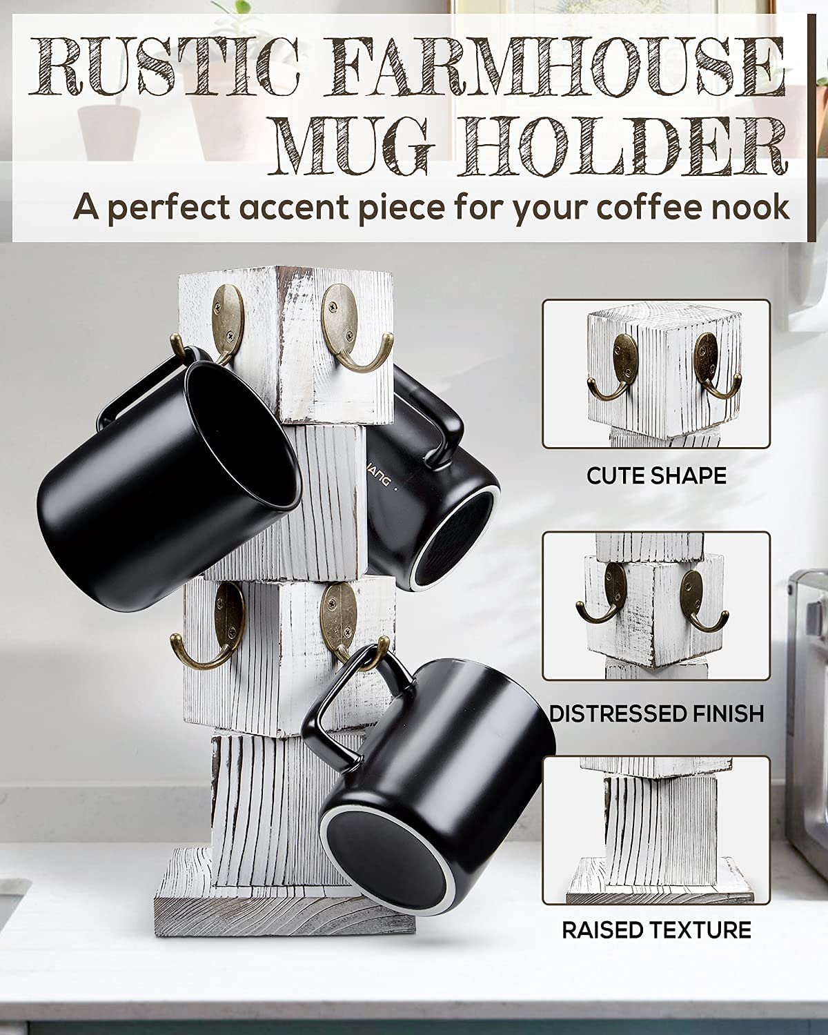 PUERSI Farmhouse Wooden Napkin Holder and Coffee Mug Holder