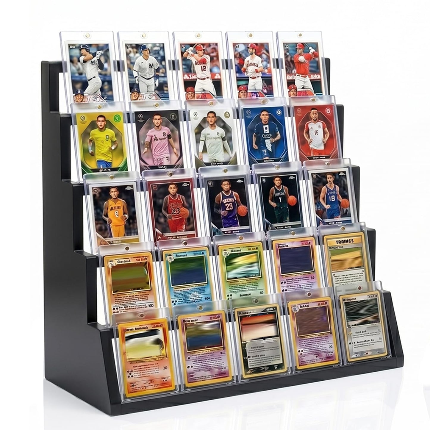 5 Tier Wooden Card Display Stand – Vertical Card Holder Display for Trading Cards, Game Cards, Sports Cards, Graded PSA/BGS/SGC, Baseball, Basketball&Football(Soccer) Card Stand, Desk & Shelf Organize,Black