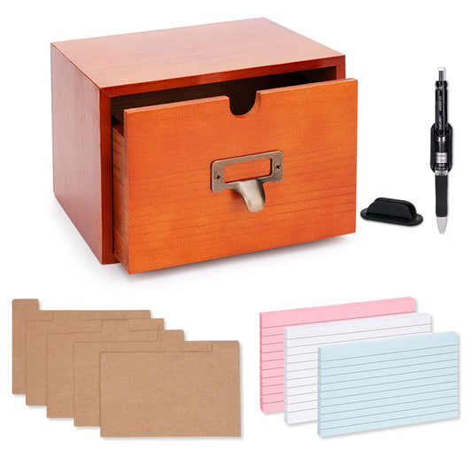 Index Card Holder with Drawer, Include 150 3x5 Index Cards, 5 Kraft Dividers & 2 Pen Holders, Vintage Style 3x5 Index Card Holder for Home & Office Organization, Ideal for Recipe Cards, Notes Storage