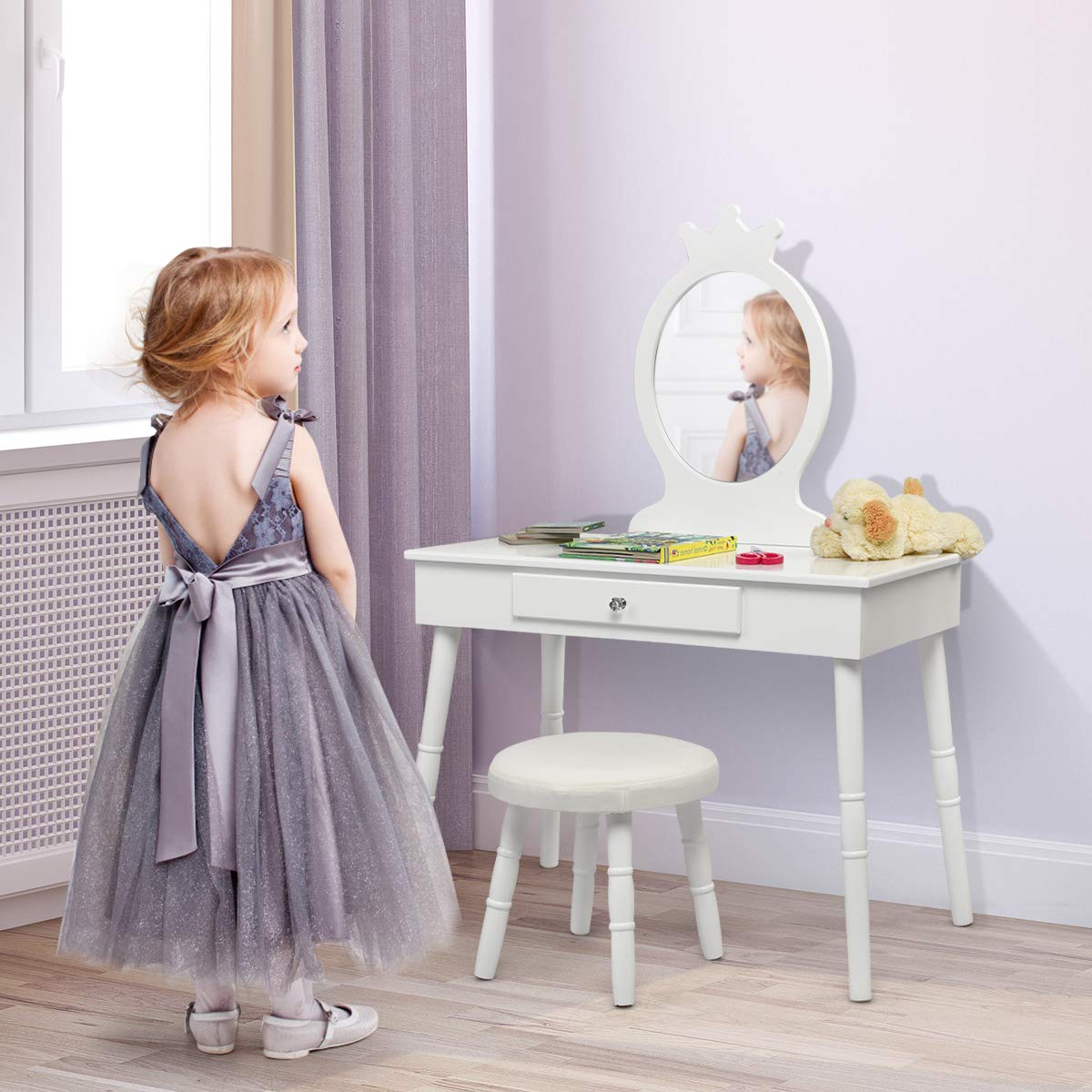 GOFLAME Kids Vanity Set, Princess Dressing Table Set, Wooden Dresser, Little Girls Makeup Table and Stool Set, Pretend Beauty Play Set with Real Mirror, Pull-Out Drawer and Cushioned Stool (White)