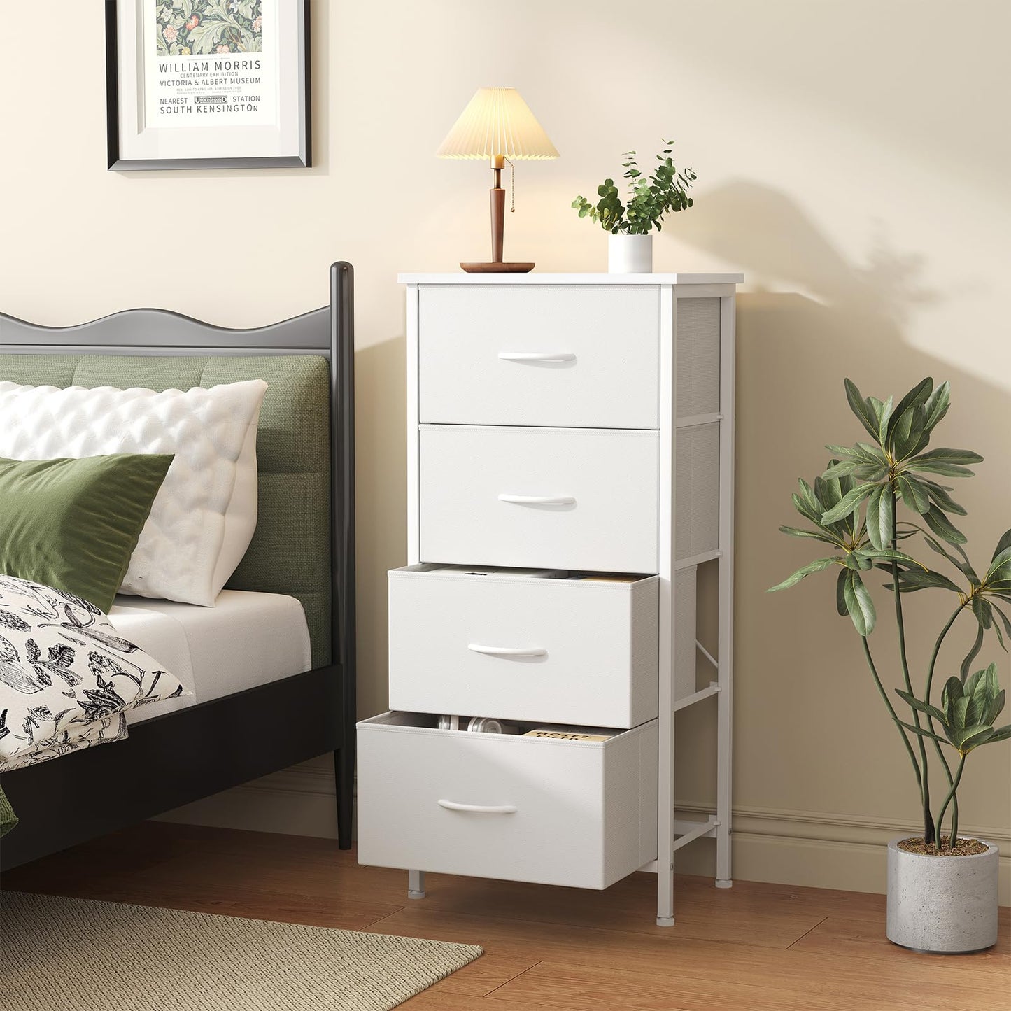 Sweetcrispy 4 Fabric Drawer Small Dresser, Bedside Nightstand with Wooden Top Sturdy Frame, Entryway Closet Bedroom Storage Cabinet Furniture for Dorm,White