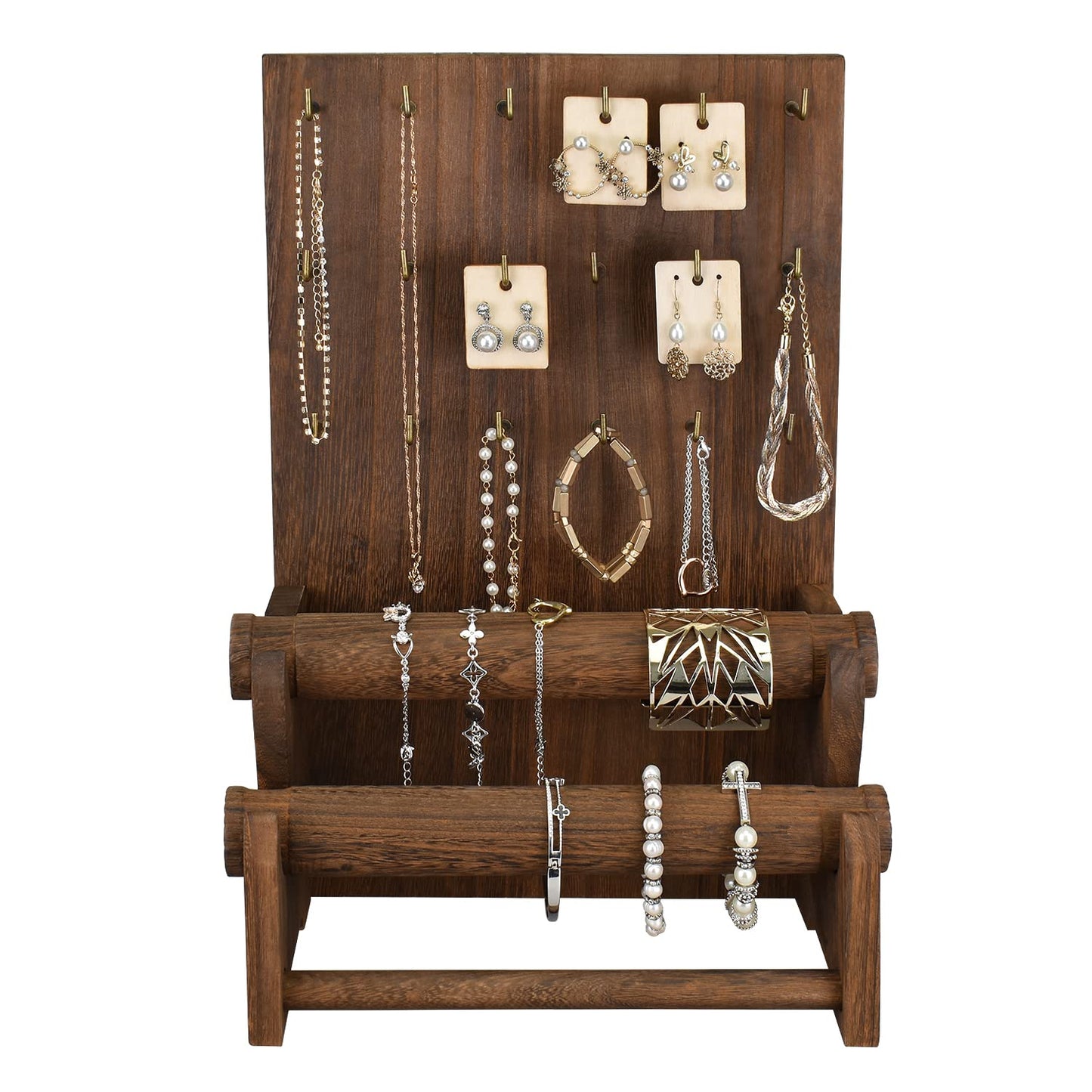 Ikee Design 18 Hooks and 2 Removable Bars Wood Jewelry Holder Organizer Stand, Earring Bracelet Jewelry Display Stand Organizer, Necklace Bracelet Holder, Brown Color