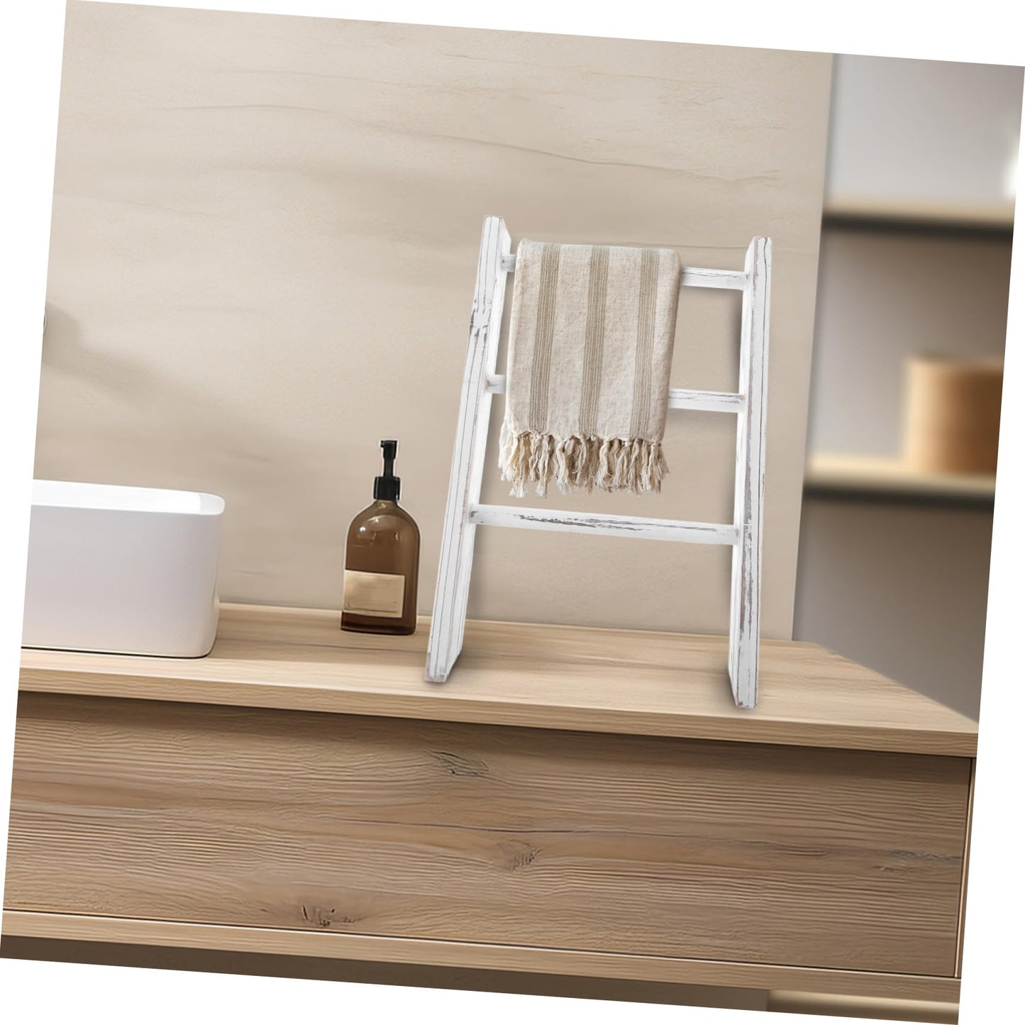 ADOCARN Miniature Ladder Towel Rack with Elegant White Finish Space Saving Rustic Tea Towel Holder for Kitchen Counter and Country Bathroom Decor Versatile Small Ladder Display and