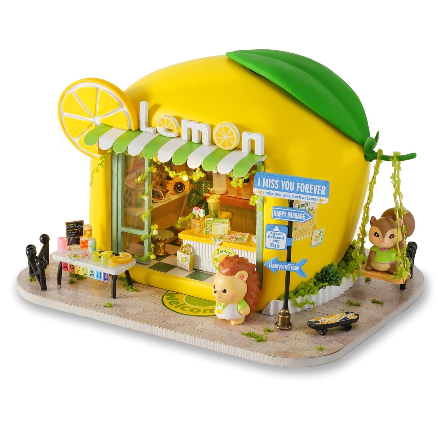 TuKIIE DIY Miniature House Kit with Furniture, 1:100 Scale Creative Room Mini Wooden Dollhouse Book Nook for Kids Teens Adults(Lemon Beverage Shop)