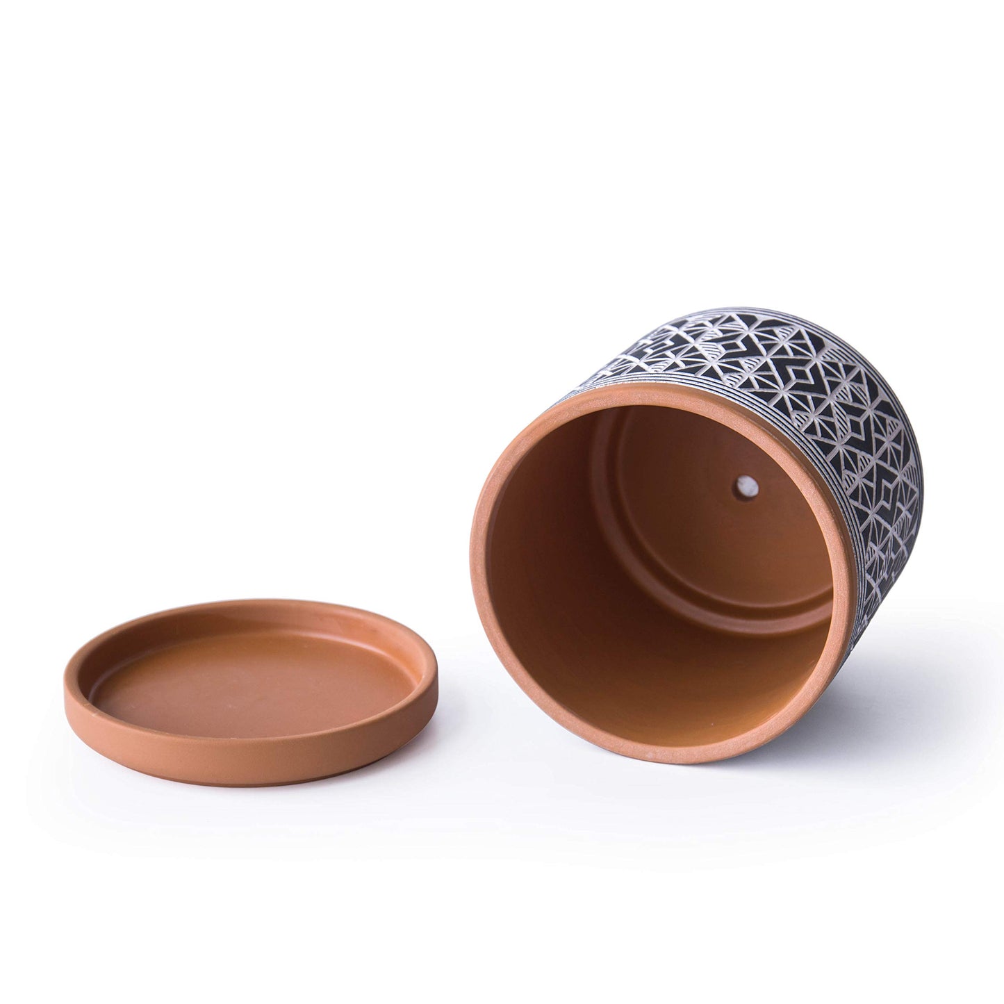 D'vine Dev Set of 2 Terracotta Pots, Diamond Pattern Planter Pot, 4 Inch and 6 Inch, Pot with Drainage Hole and Saucer, Terracotta/Black, 31-958-G-2