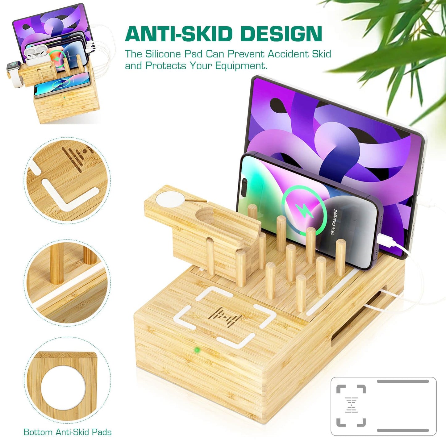 Bamboo Wireless Charging Station for Multiple Devices - Wood Docking Station Organizer, Qi Certified Fast Wireless Charger, 7 USB Charging Ports for Cellphone, Smart Watch, Earbuds, Tablet