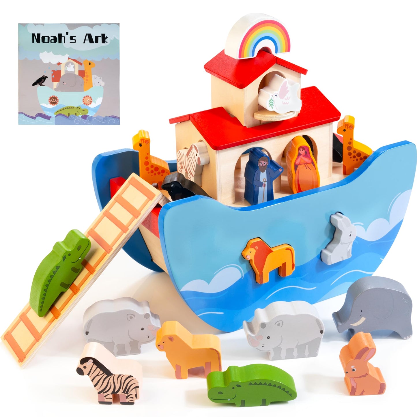 JUSTWOOD Wooden Noah's Ark Toy for Toddlers 1+ Years, Baptism Gift for Boys and Girls, Baby Montessori Educational Animal Shape Sorter Toy with Bible Story Book