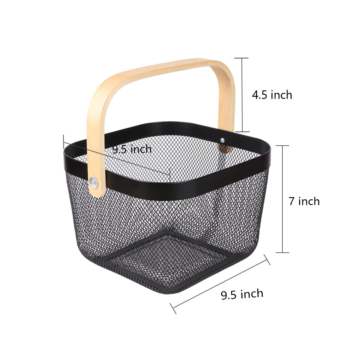 Ymeibe Mesh Steel Storage Organizer Basket Fruit Basket Bin with Wood Handle Ideal for Kitchen Bathroom Picnic Baskets Pantry Cabinets Storage Home Decor (Black)