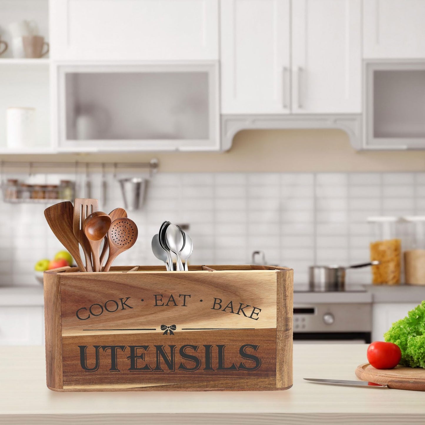 RMCOKGX Utensil Holder for Kitchen Countertop - Extra Large 3 Compartment Wooden Organizer in Acacia Wood, Storage for Cooking Tools and Cutlery, Farmhouse Style for Home Cooking