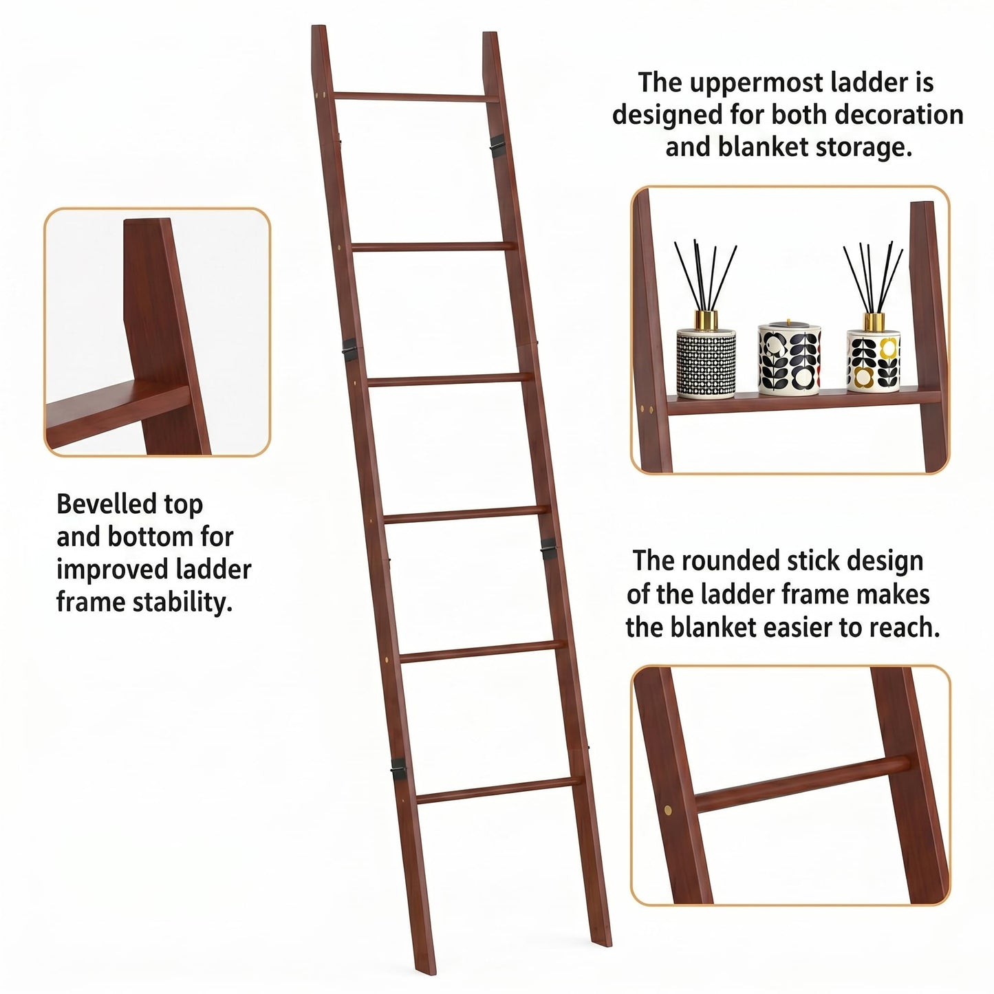 Plusinthebox 6 Tier Brown Blanket Ladder with Shelf, Wooden Blanket Rack for Living Room, Leaning Towel Ladder Rack for Bedroom, Bathroom, Quilts, Throws, Towels and Farmhouse Décor