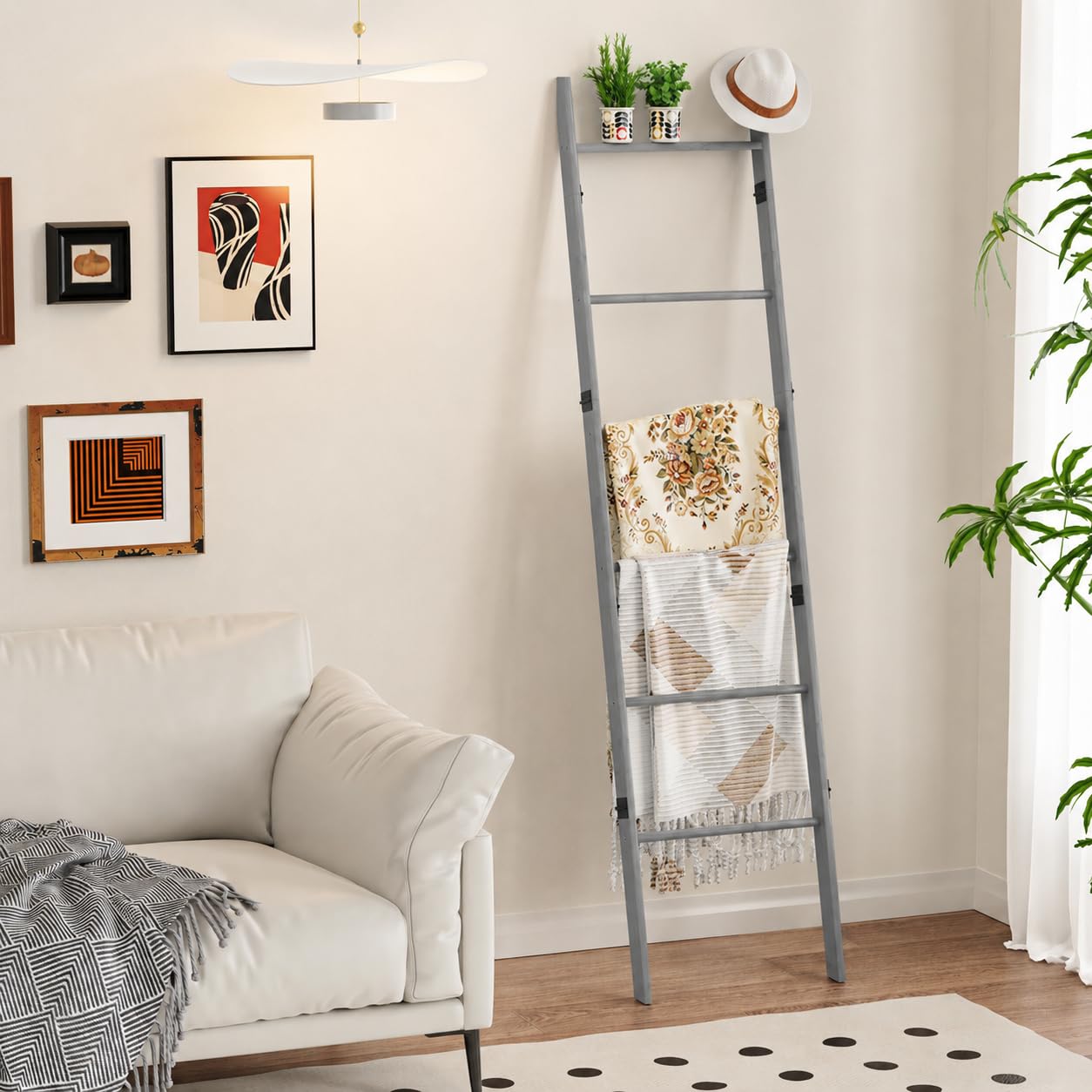 BAMBANG 6-Tier Blanket Ladder for Living Room, Blanket Quilt Ladder Rack Rustic Decorative Towel Holder, Wall Leaning Blanket Ladder Shelf Storage Farmhouse Decor for Bedroom Bathroom, Gray