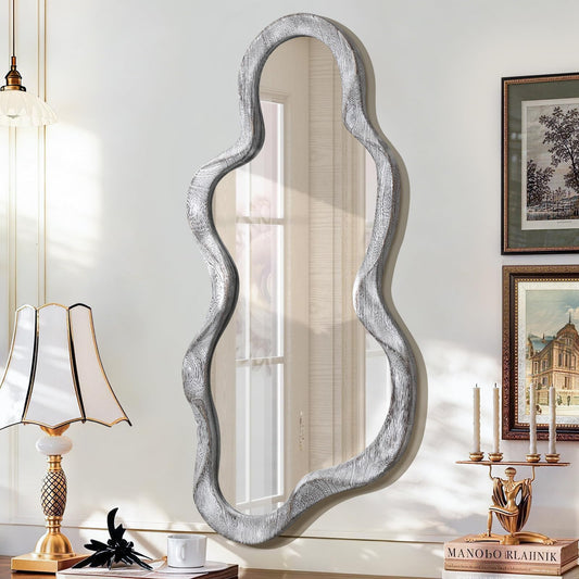 Lzuso Irregular Wooden Framed Wall Mirror Modern Asymmetrical Unique Hanging Mirror Artistic Unique Cloud Shape Wall Decor Bathroom Vanity Bedroom Living Room Entryway Hallway Large 47" x 22"