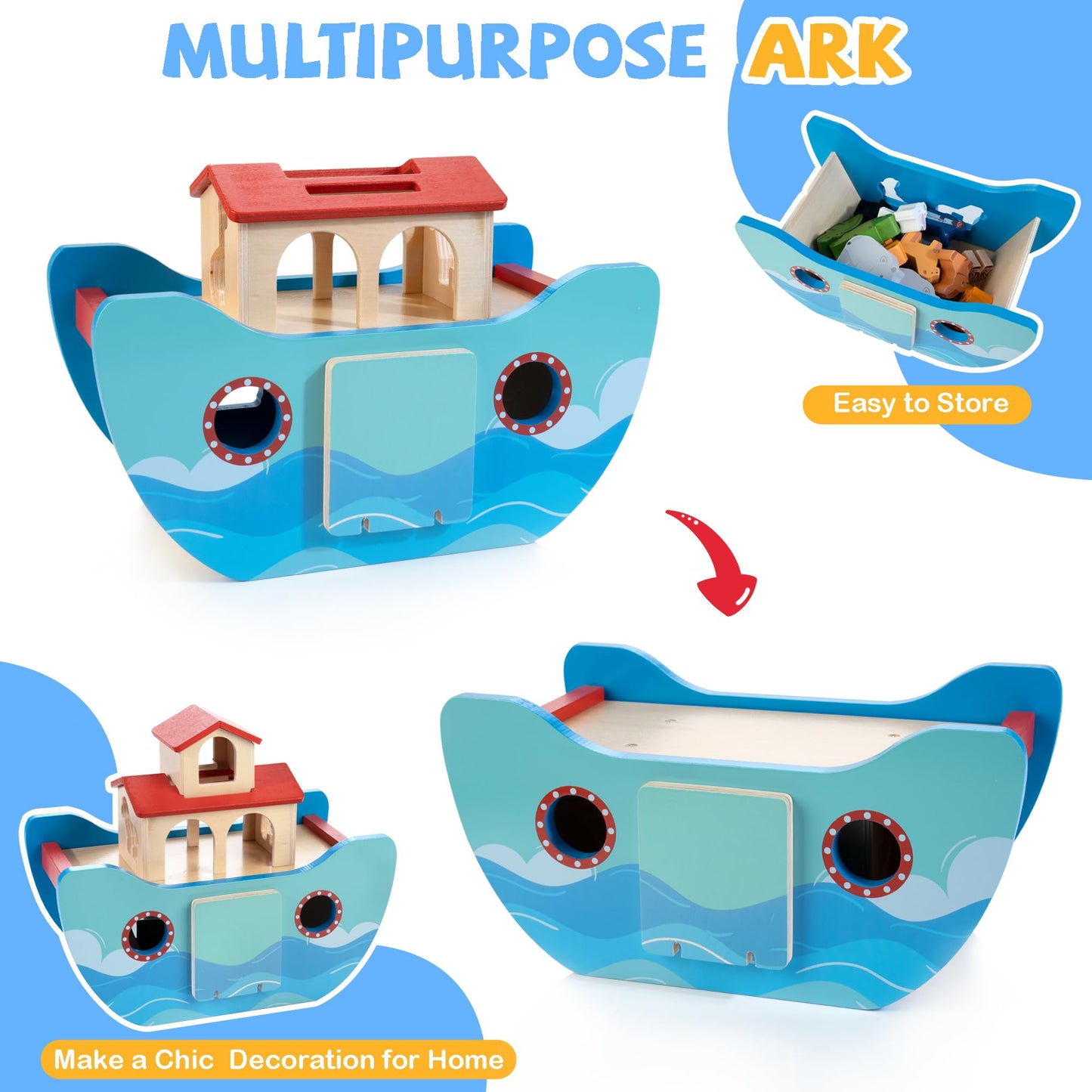 JUSTWOOD Wooden Noah's Ark Toy for Toddlers 1+ Years, Baptism Gift for Boys and Girls, Baby Montessori Educational Animal Shape Sorter Toy with Bible Story Book