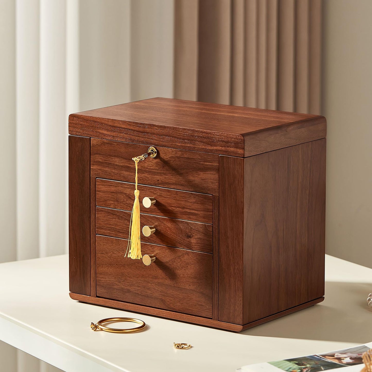 Homruilink Black Walnut Wooden Jewelry Box, Wood Jewelry Organizer with 2 Side Doors Mirror Lockable Classical for Watch Necklace Ring Earring, Fathers Day Gift-4 Layer with Curved Ring Grooves
