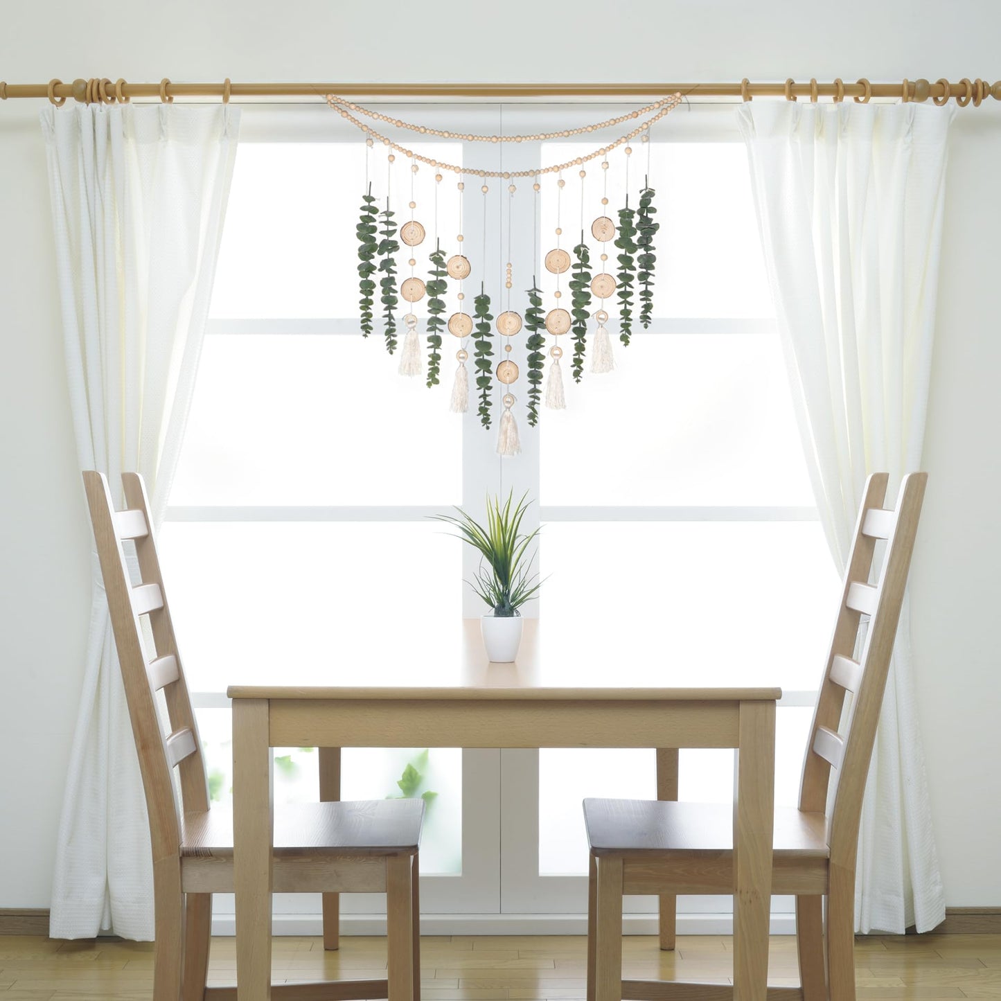 Artificial Hanging Eucalyptus Wall Decor Fake Greenery Leaves Wall Hanging Plants on Long Wooden Beads Garland Wall Art Large Boho Rustic Farmhouse Decor for Bathroom Bedroom Living Room Sage Green