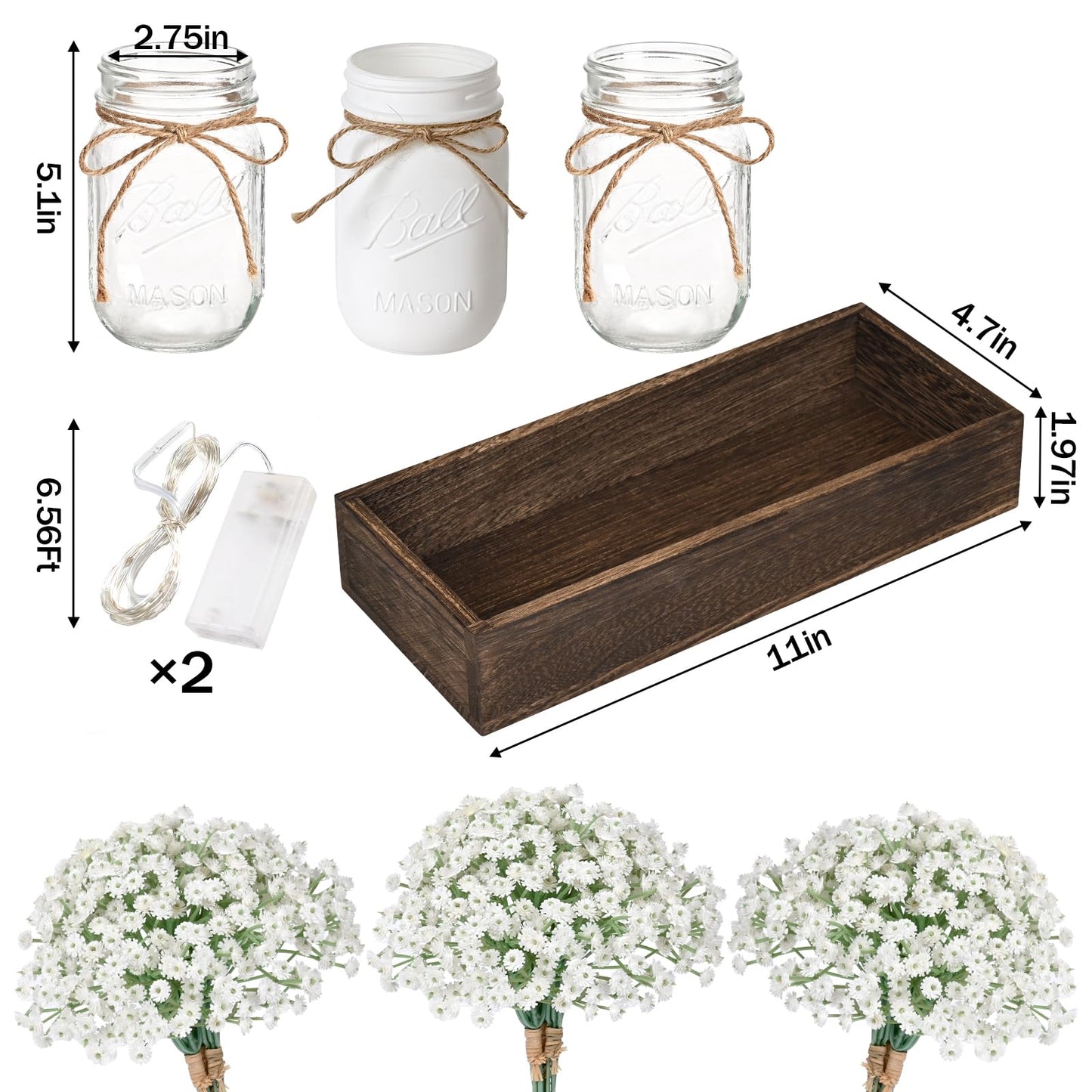 BLEUM CADE Mason Jar Centerpiece Table Decorations, Lights Centerpiece for Kitchen Dining Table Farmhouse Coffee Table Wedding Home Decor with 3 Jars Babys Breath Artificial Flowers & Wood Tray
