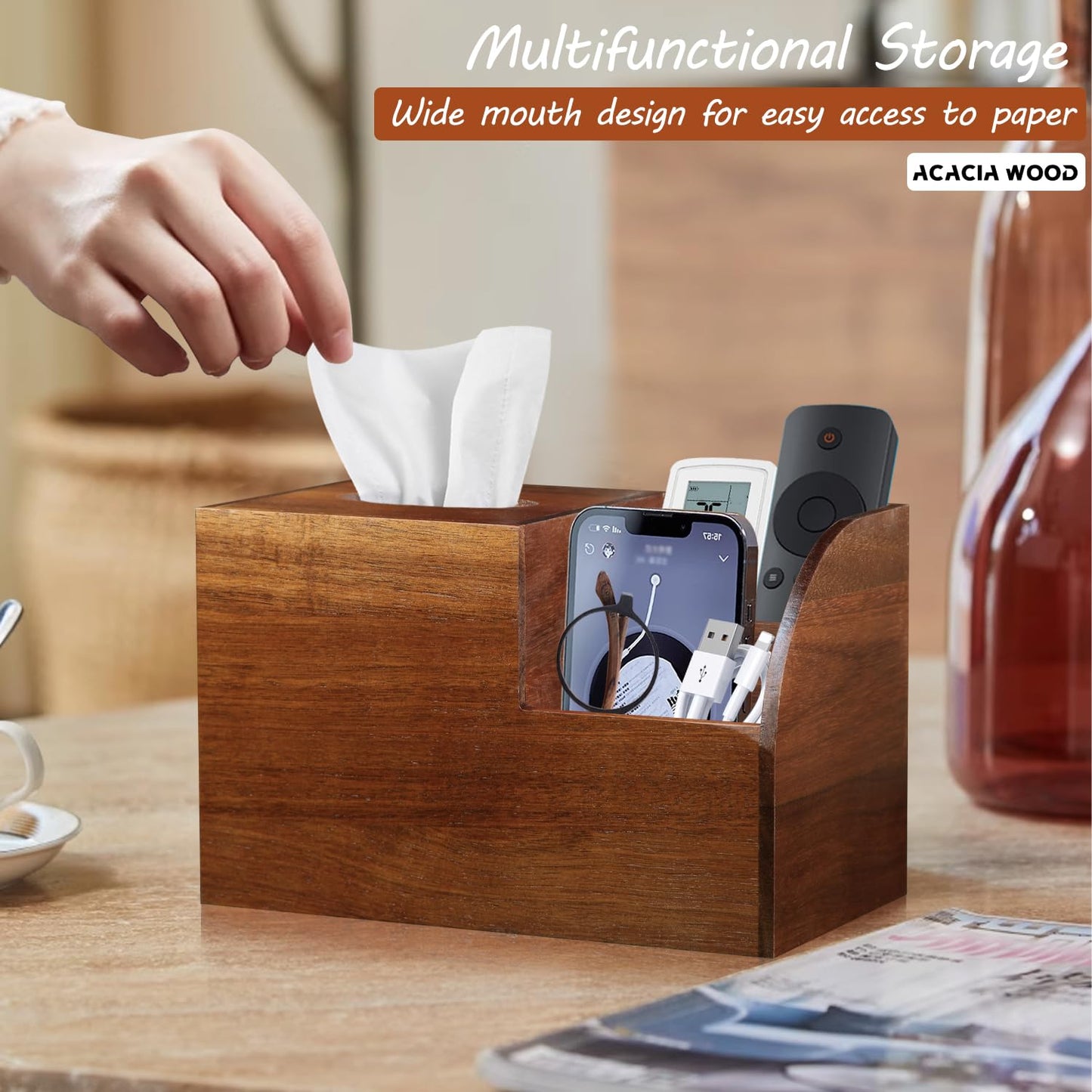 BIBELUN Square Tissue Box Cover, Multi-Functional Wood Tissue Box Holder with Storage Grid, Tissue and Remote Control Holder, Decorative Facial Tissue Cube Box Organizer for Desk, Nightstand, Bathroom