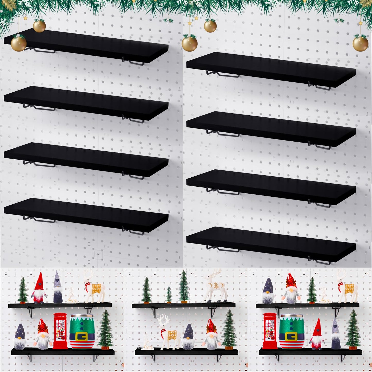 Qunclay 8 Pack Pegboard Shelf Set Wooden Shelves with Metal Brackets Hook Wall Pegboard Shelving Heavy Duty Accessories for Crafts Home Office Garage Workbench(Black)