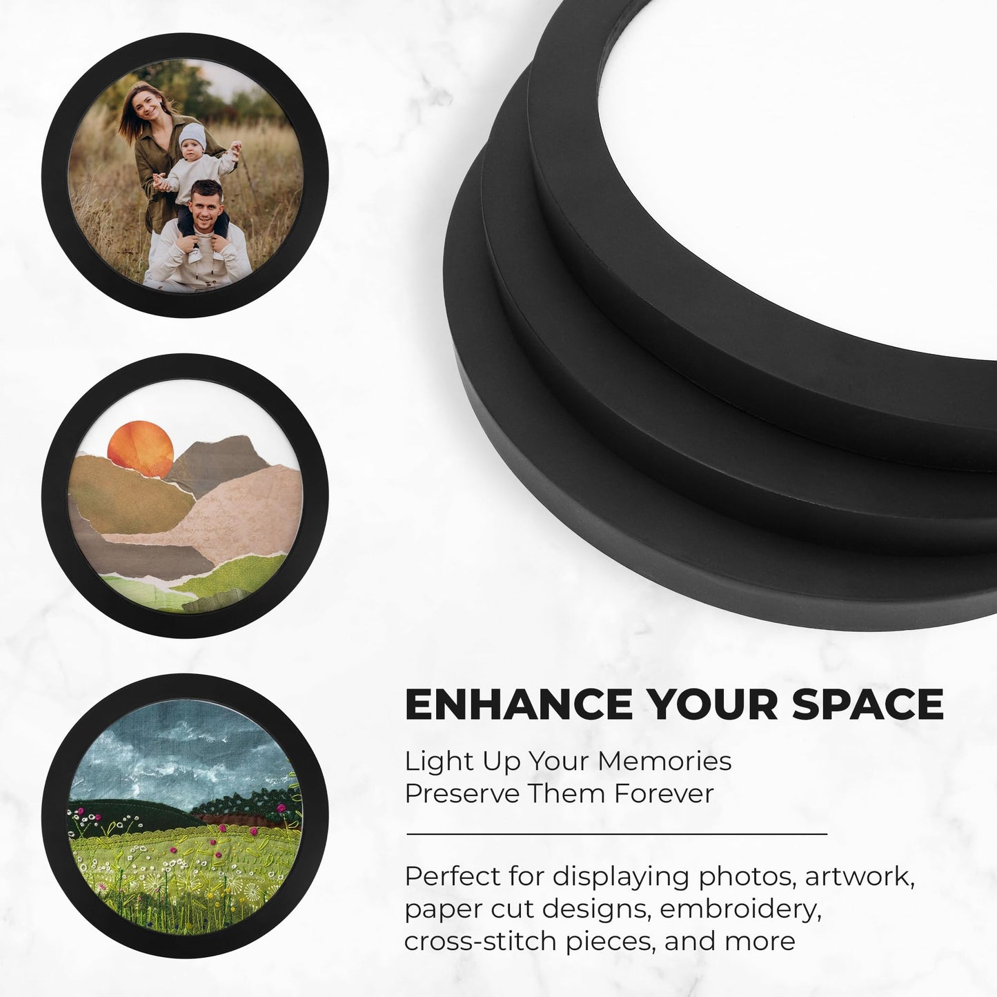 3Pcs Round Picture Frame 8 Inch – Black Wooden Circular Frames for Art, Photo, Canvas, Wall Decor, Tabletop Display or Hanging Mounting Set for Home, Office, Kitchen, Gallery, Wedding Table Holder
