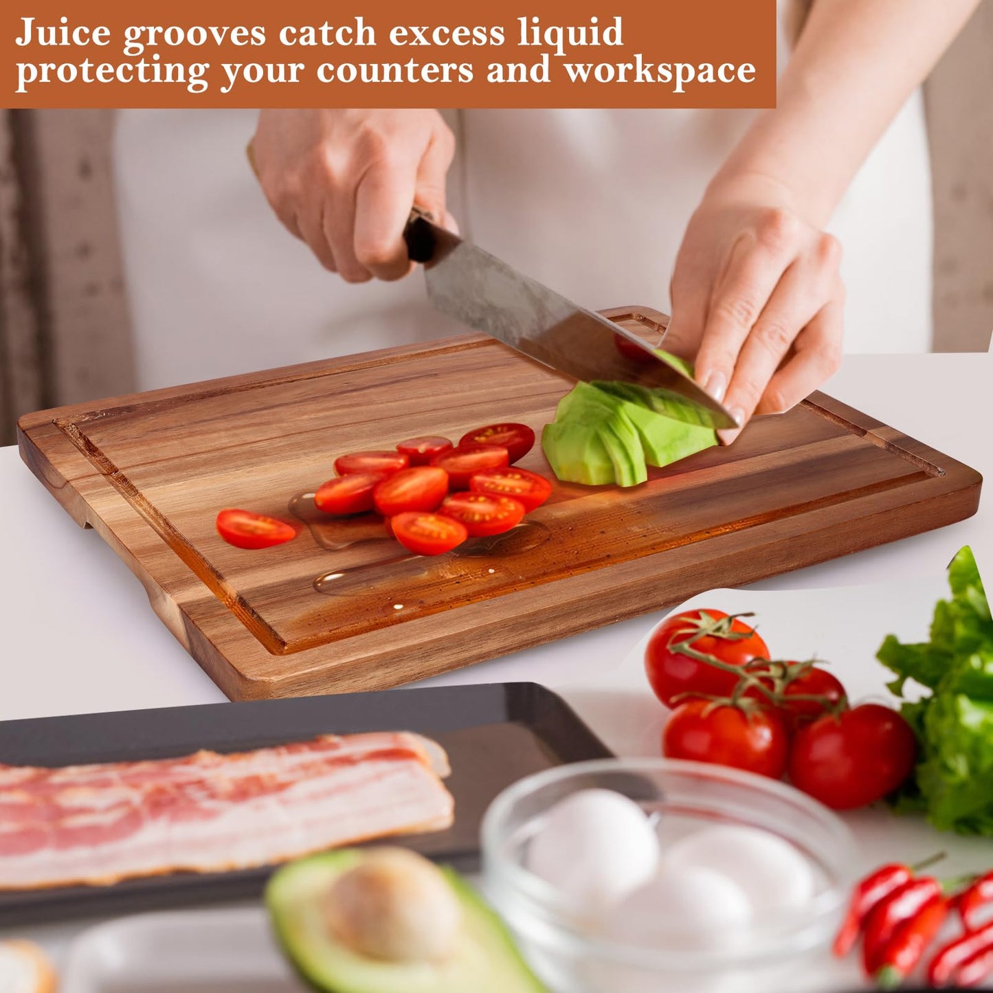 Gtencemen Acacia Wood Cutting Boards for Kitchen, Wooden Chopping Board with Side Handle and Juice Groove, 15" X 11" Carving Board, Butcher Block, Cheese Charcuterie Boards for Meat, Fruit, Steak