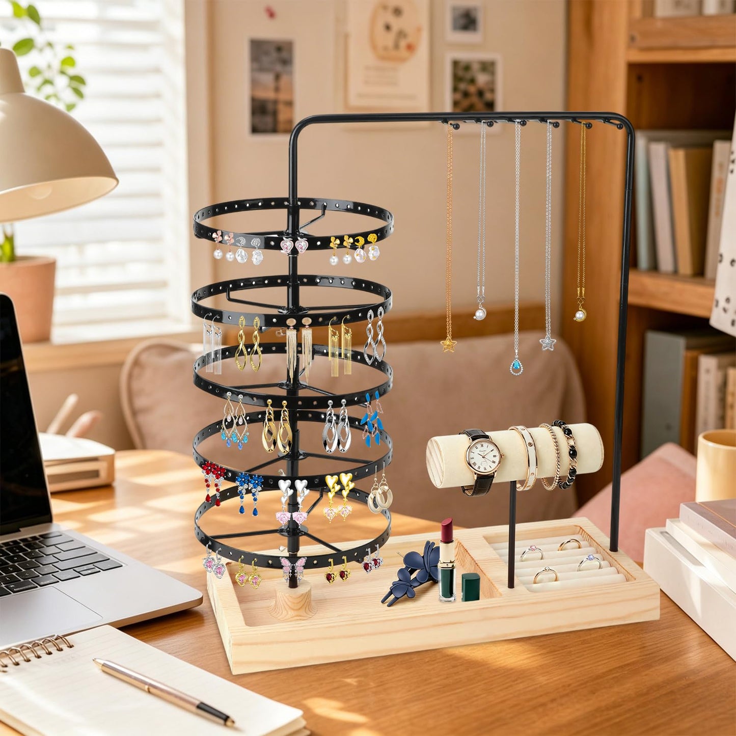 5-Tier Rotating Jewelry Organizer,Earring Holder Tree with Necklace Hooks, Bracelet Holder & Wooden Base, Multi-Functional Jewelry Stand for Women (Earring Rack, Necklace Organizer, Jewelry Tower)