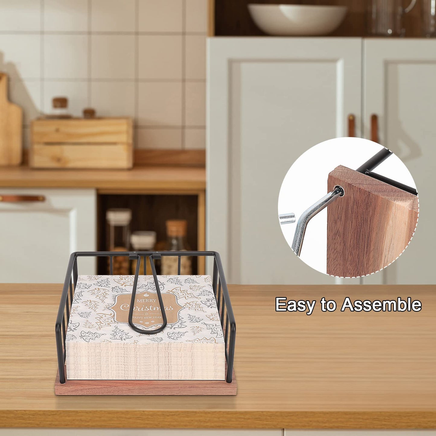 Livabber Flat Wooden Napkin Holder+Marble Banana Holder, Metal Napkin Holder with Weighted Tension Arm and Banana Hanger with Single Hook for Countertop, Kitchen, Dining Room (Black)