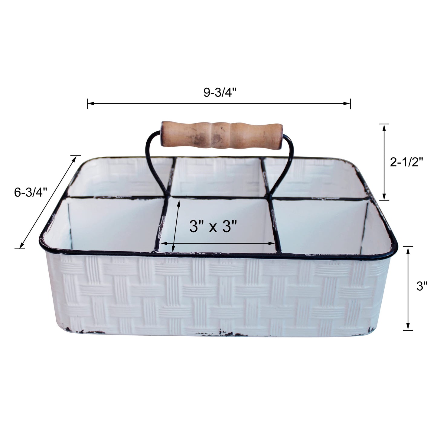 CVHOMEDECO. Rustic Distressed Metal Table Caddy, Bottles holder, Tabletop Organizer, Enamel Finish with Wood handle and 6 Compartments, White