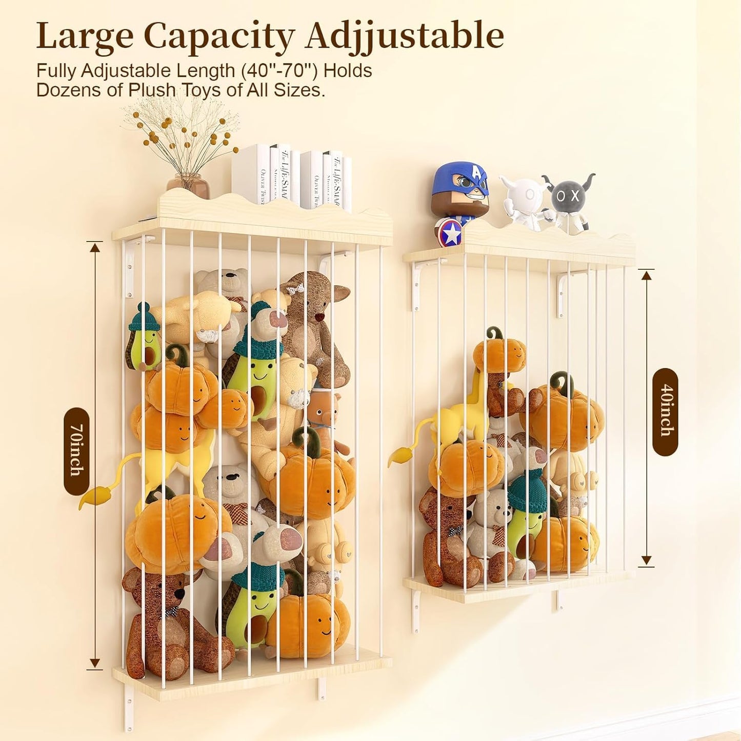 Sunifier Adjustable Stuffed Animal Storage with Shelf (Patented) - Large Wooden Hanging Plush Toy Organizer - Corner Stuffy Animals Hammock Net Holder for Kids Room, Nursery, Bedroom