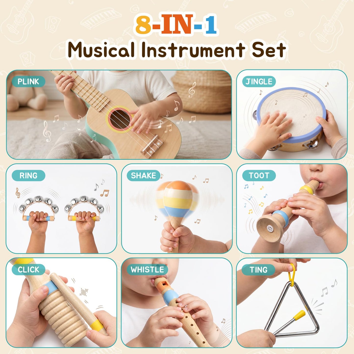 Kids Guitar Set for Toddlers 1-3, 8 in 1 Wooden Montessori Musical Instruments Set with Ukulele, Tambourine, Maracas, Flute, Educational Music Toys, Preschool Learning Toy Gift for Boys Girls