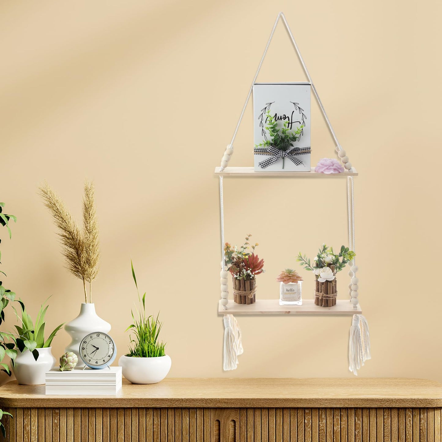 Chunful 2 Pack Macrame Wall Hanging Shelf 2-Tier Boho Wooden Display Floating Shelf Wooden Rustic Plant Rope Hanger Rack with Beads and Tassel for Wall Decor Bedroom Dorm Nursery Living Room Bathroom