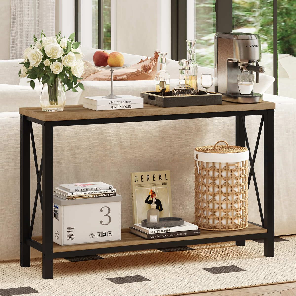 BON AUGURE Entryway Bench and Console Table Bundle – Farmhouse Wooden Metal Shoe Bench & Industrial Entryway Table for Foyer, Mudroom, Living Room, Hall (Vintage Oak)