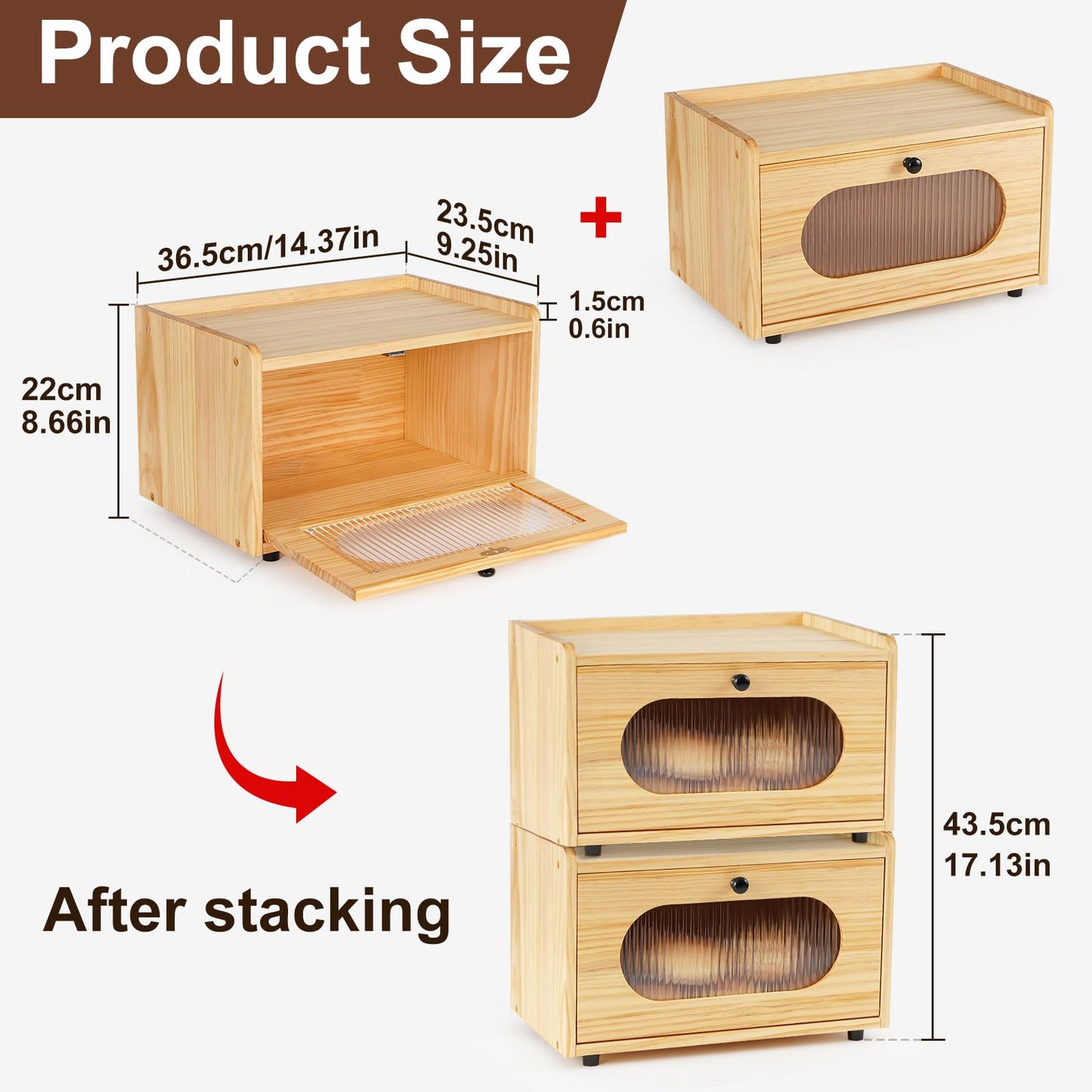 Sunhoo Double Layer Bread Box (L14.4in*W9.4in*H13.4in/Brown) and Single Wooden Bread Storage(L14.37in*W9.25in*H8.66in/Yellow) Rustic Bread Keeper Farmhouse Food Organizer Pantry Shelf Acrylic Window