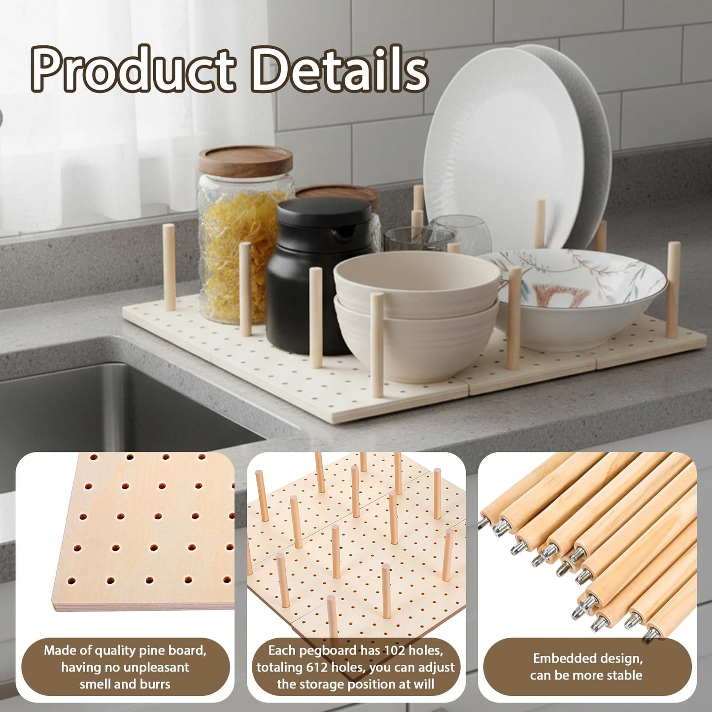 IANFAN 6 Pcs Wood Pegboard Drawer Organizer with 48 Pegs, Wooden Peg Board Drawer Shelf Organizer Adjustable Peg Drawers Organizers for Kitchen Dishes Plate Pegboard Food Containers(17x5.91, Wood)