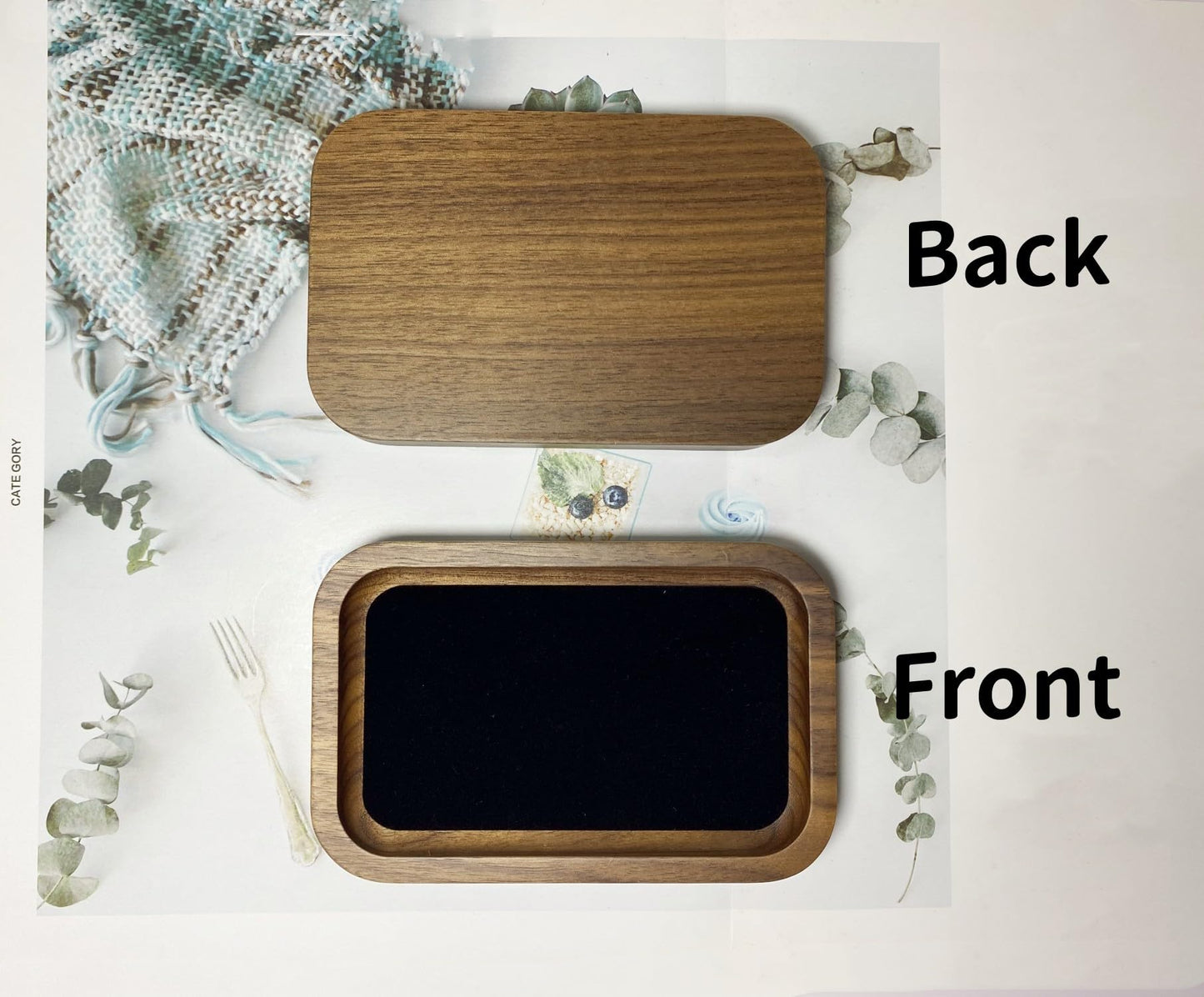 RANNYOZIO Wooden Jewelry Tray Small Trinket Dish with Velvet Surface Rings Earrings Dish Necklaces Bracelet Organizer Display Tray for Dresser Drawer Tabletop Birthday Gift(Rectangle)