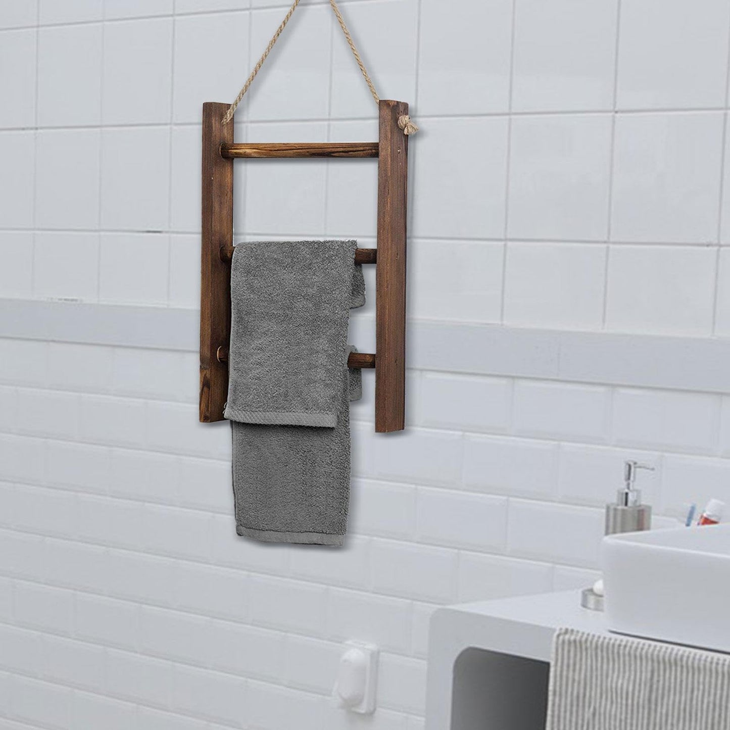 KiBcsLic Towel Rack Decorative Wooden Towel Ladder Hanger with Rustic Hanging Rope for Kitchen Suitable Home
