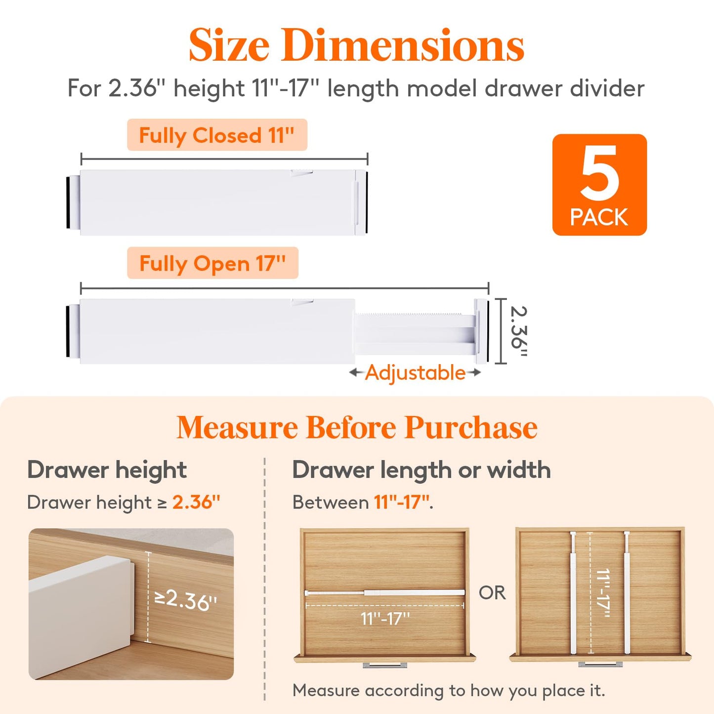 Lifewit 5 Pack 2.36" High Drawer Dividers 28-43.5cm/11-17" Adjustable Drawer Organizer for Clothes/Utensils, Expandable Drawer Separator in Dresser/Kitchen/Bedroom/Office Organization & Storage White