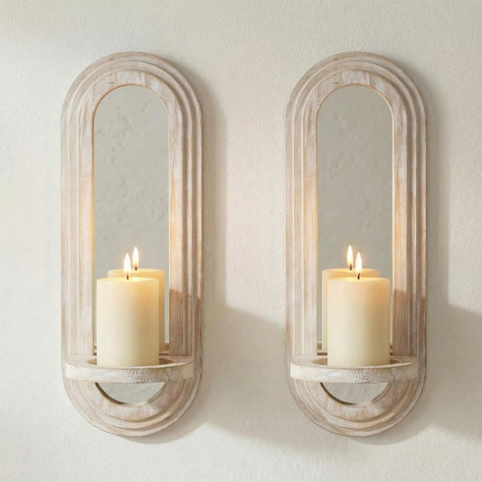 Capesaro Wood Wall Sconce Candle Holder with Mirror - Set of 2 Distressed Wooden Candle Holders,Farmhouse Hanging Wall Décor，Vintage Rustic Wall Mounted Mirror Sconce for Living Room, Fireplace