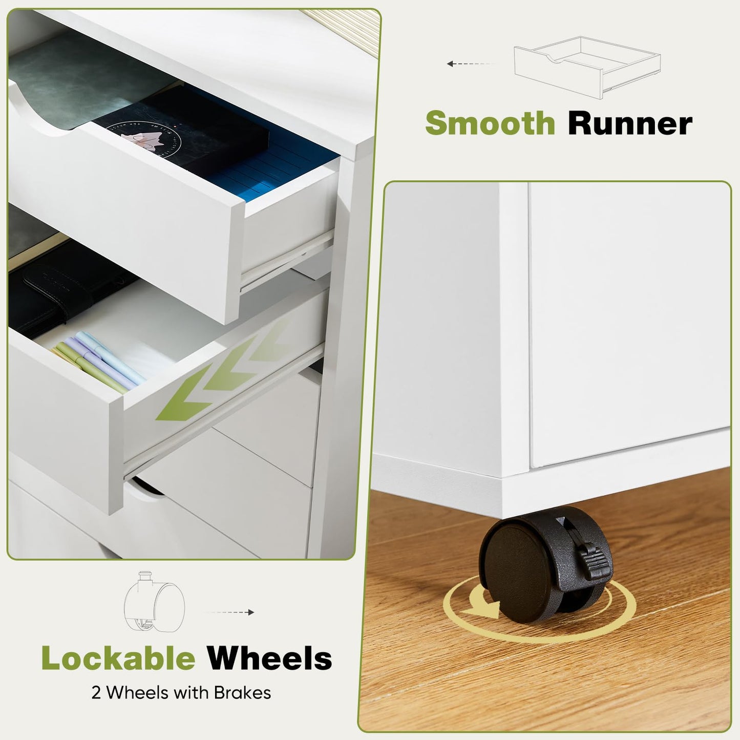 Sweetcrispy 5 Drawer Chest Mobile Storage Cabinets Small Wooden Dresser with Wheels Room Organization Furniture for Office Home, Rolling Vertical Organizer for Home Office, White Wood
